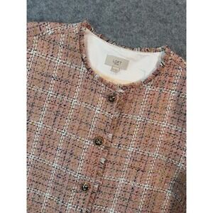 Loft Petites Pink Plaid Tweed‎ Fringe Jacket Gold Button Blazer XLP Womens